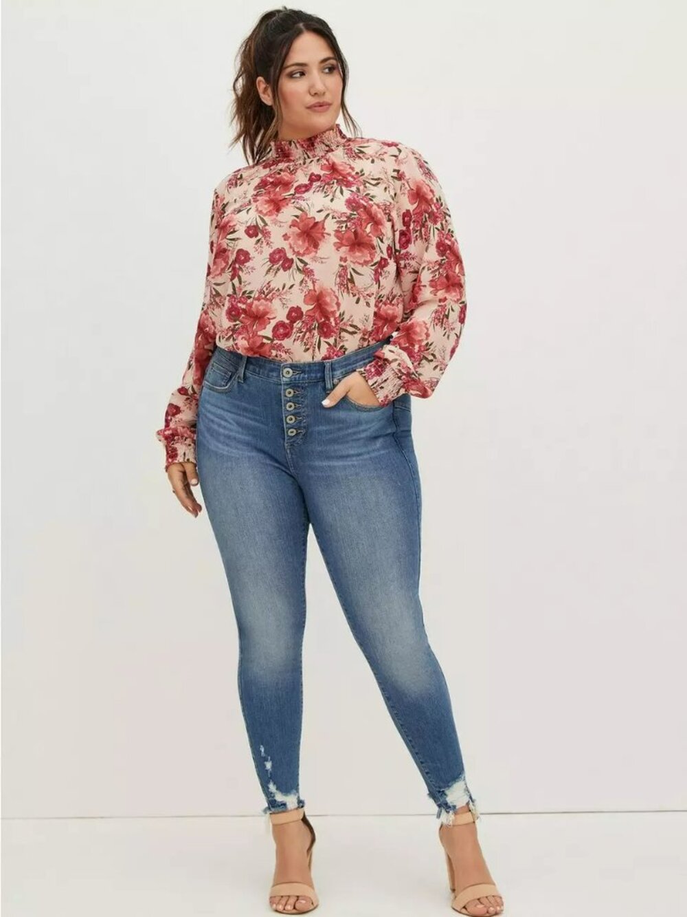 Torrid Pink Floral Chiffon Smock Mock Necked Blouse Size 4 = 4X